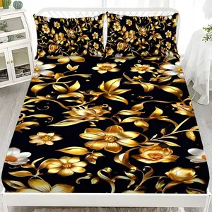 Fitted Sheet 3-Piece Set - 2D Flat Printing Black, Gold, and White Floral and Leaf Pattern Mattress Covers, Available in Ten Sizes (1 * Fitted Sheet + 2 * Pillowcases, No Filler). skin-friendly and breathable bedding, suitable for family bedrooms .