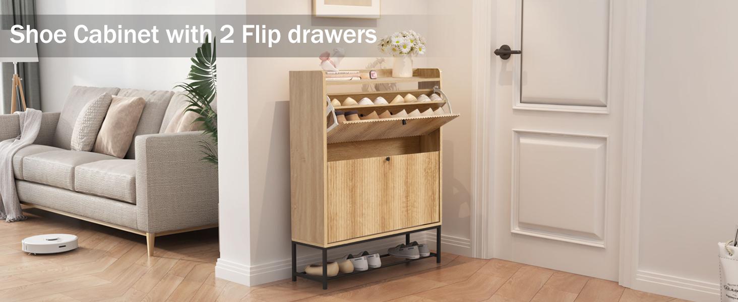 Giratree Fluted Shoe Cabinet with 2 Flip Drawers, Modern Slim Shoe Storage Organizer, Narrow Entryway Shoe Rack, Tipping Shoe Cabinet with Metal Legs for Heels, Boots, Slippers in Entrance