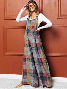Women's Casual Multicolor Plaid Wide Leg Overalls Pants with Pockets, Halloween Costume, Comfortable and Stylish, Perfect for Fall and Winter, Stylish Jumpsuit