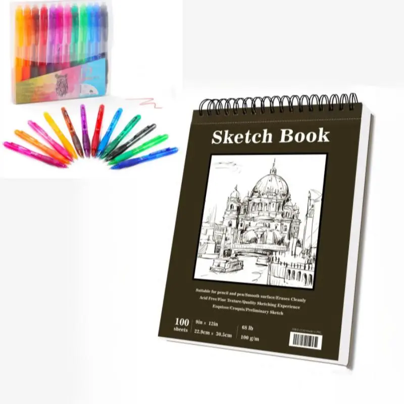 Sketch Book & 12 Colors Pen Set, 1 Set Creative Drawing Book with Erasable Gel Pen, Arts and Crafts Supplies for Home Office School Student