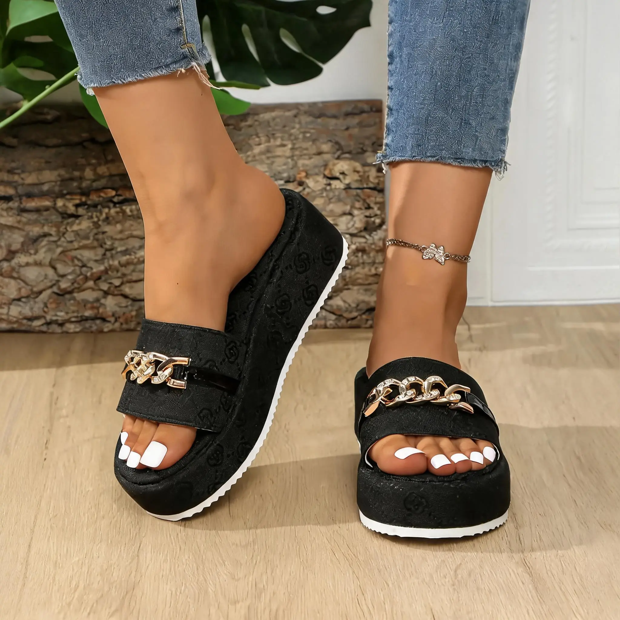 Women's Fashionable Floral Pattern Chain Decor Slide Slippers, Casual Comfortable Platform Slippers for Summer, Female Slippers for Daily Wear, EVA Slippers, Footwear