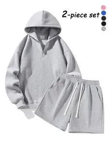 Men's Half-Zip Hoodie with Shorts Two-Piece Set, Streetwear Tracksuit Set, Basic Style Comfortable and Warm Sports Jogging Set, Suitable for Daily Wear, Outdoor Activities, Running and Workouts – Available for Men and Women.