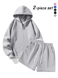 Men's Half-Zip Hoodie with Shorts Two-Piece Set, Basic Style Comfortable and Warm Sports Jogging Set, Suitable for Daily Wear, Outdoor Activities, Running and Workouts – Available for Men and Women.