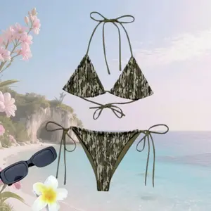 Matching Bottomland Camo Couples Swimwear, Bikini Tie Side Thong & Men’s Beach Shorts Set, Hawaiian Style Swimsuit, His and Hers Beachwear