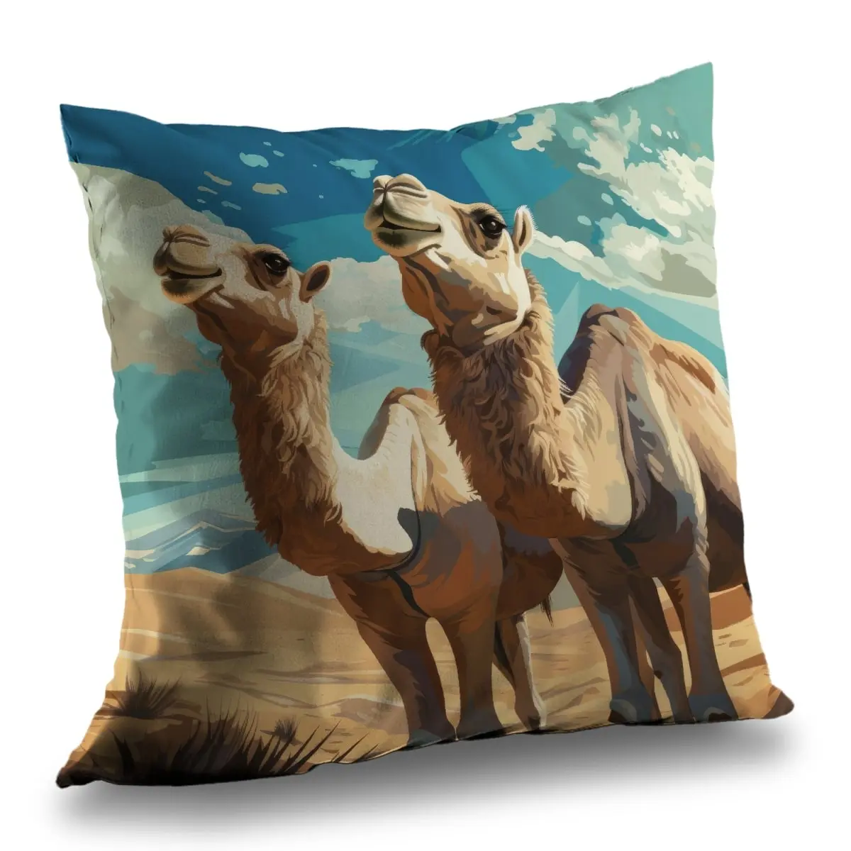 MWW C1PC1616PJZS7Y 16x16 in. Boho-Chic Art-Inspired Camel-Theme Blue Polyester Twill Standard Throw Pillow for Home Decor, Boho-Chic & Art-Inspired Standard Pillows, Boho-Chic Standard Pillows