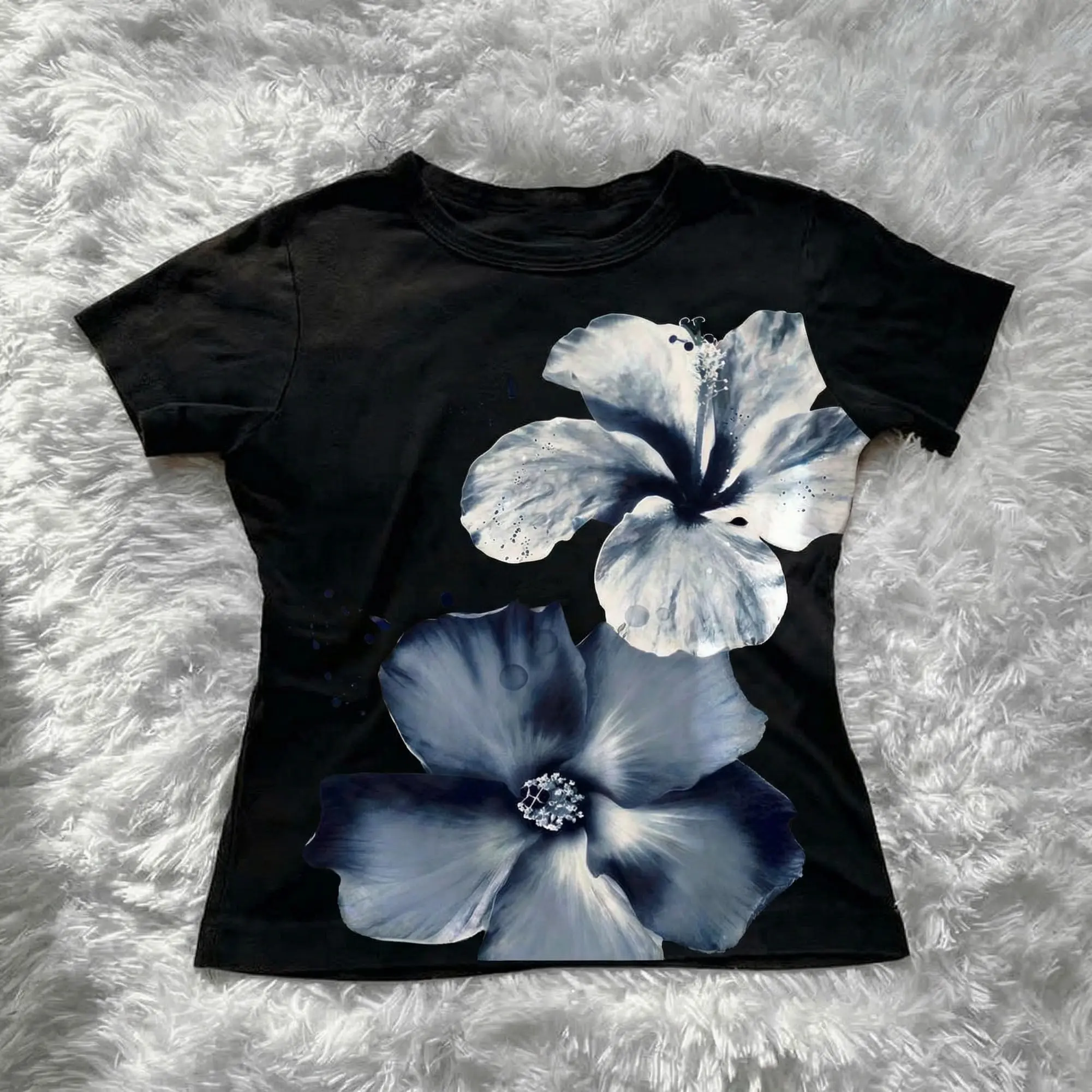 Fashion Hibiscus Floral Print Baby Tee, Suitable For Women, Style Summer Floral Top Flower Top Floral Tops For Teens Blue Floral Top Hibiscus