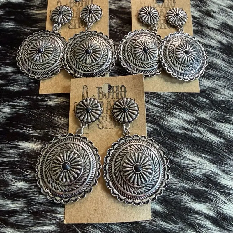 Boho Ranch Shop faux silver dangle Concho post earrings