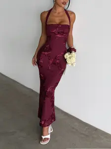 Women's Unique Woven Backless Floral Print Bodycon Dress, Elegant Sleeveless Design, Perfect for Casual & Formal Wear, Stylish Women's Clothing