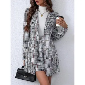 Two-Piece Set Women's Plaid Print Button Front Blazer & Pocket Skirt Set, Casual Lapel Neck Long Sleeve Outerwear & Short Skirt for Work Office Business, Ladies Spring & Fall Clothes