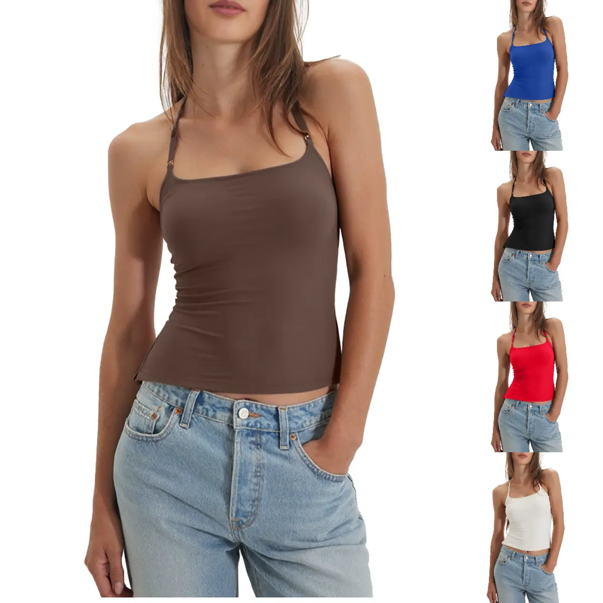 Tanming Womens Halter Square Neck Cami Tops Adjustable Spaghetti Strap Slim Fit Camis Tanks Casual Spring Summer Fall Beach Vacation Outfits Clothing
