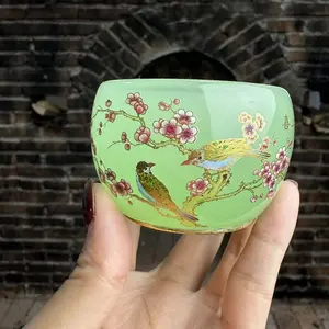 Jade Green Magpie & Intertwined Branches Jianzhan Cup Porcelain Tea Set Traditional Mug Drinkware with Pink Blossoms and Glowing Magpies