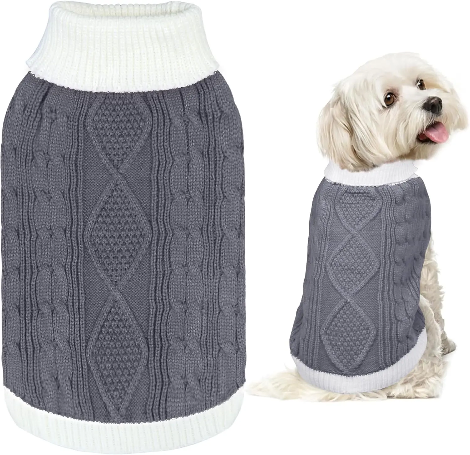 Christmas Sweater Knitted Turtleneck  Sweater Warm Christmas Outfit Clothes for Small Medium Large Dogs Pets (Grey, Large)