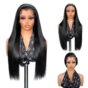 Supernova Hair 2-in-1 Straight Headband Wig with Side Part Lace Front 100% Human Hair Glueless Natural Look Classic Black Color Elastic Headband Secure Fit