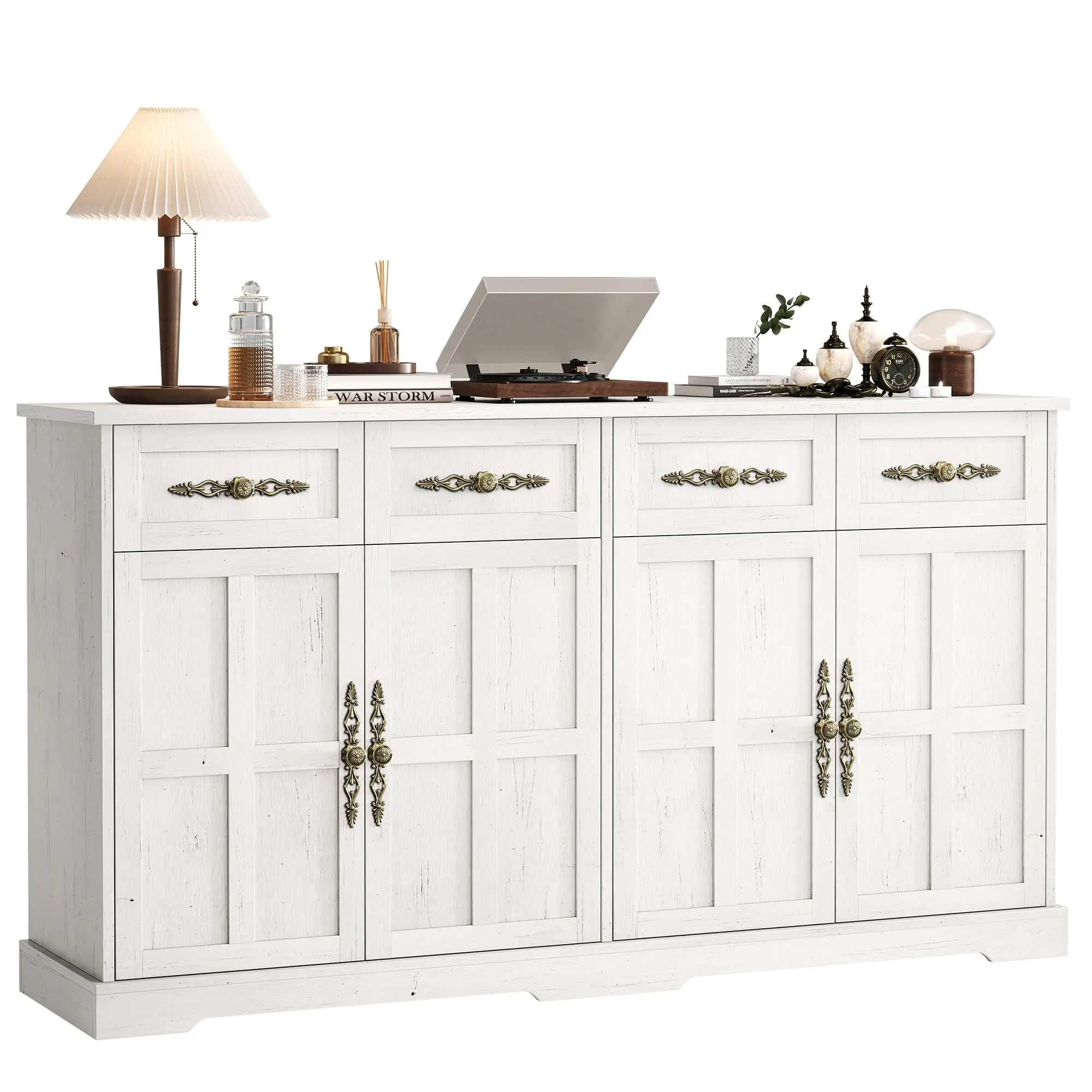60" W Sideboard Buffet Cabinet with Storage, Kitchen Cabinet, 36" Tall Kitchen Buffet Storage Cabinet with 4 Drawers and Gold Handles, Large Modern Coffee Bar Cabinet, Dining Living Room