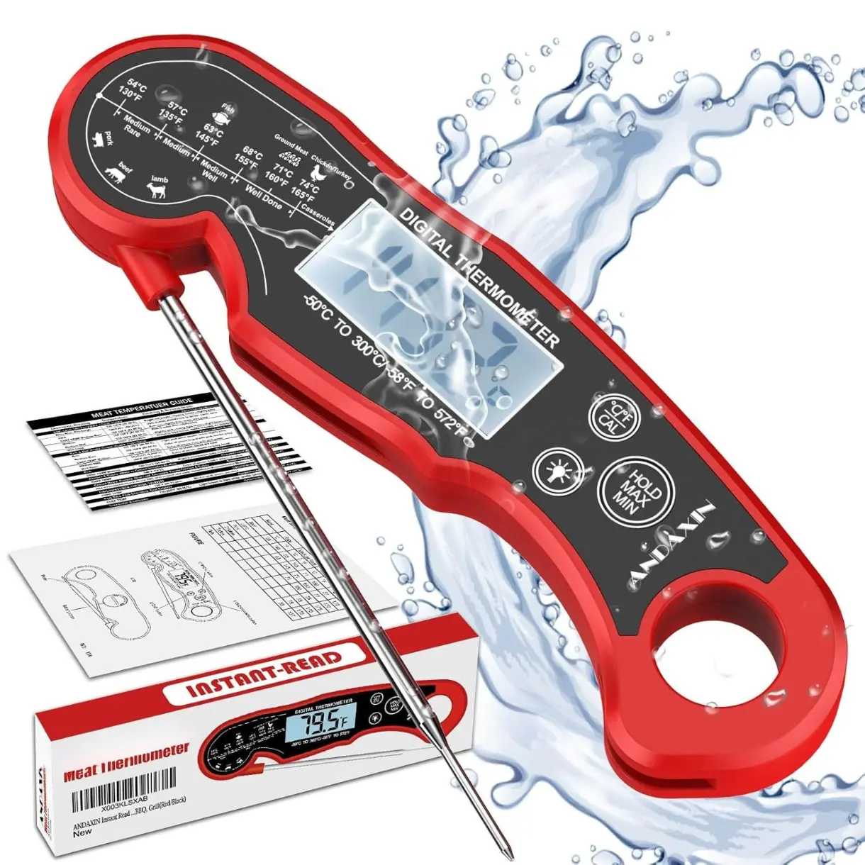 Meat Thermometer Digital for Grilling and Cooking - Waterproof Ultra-Fast Instant Read Food thermometers with Backlight & Calibration for Kitchen, Deep Fry, BBQ, Grill(Red/Black), LCD