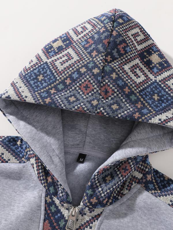 Men's Ethnic Pattern Color Block Hoodie Long Sleeve Quarter Zip Pullover Sweatshirt for Casual Wear emo outfits Grey Stylish Menswear