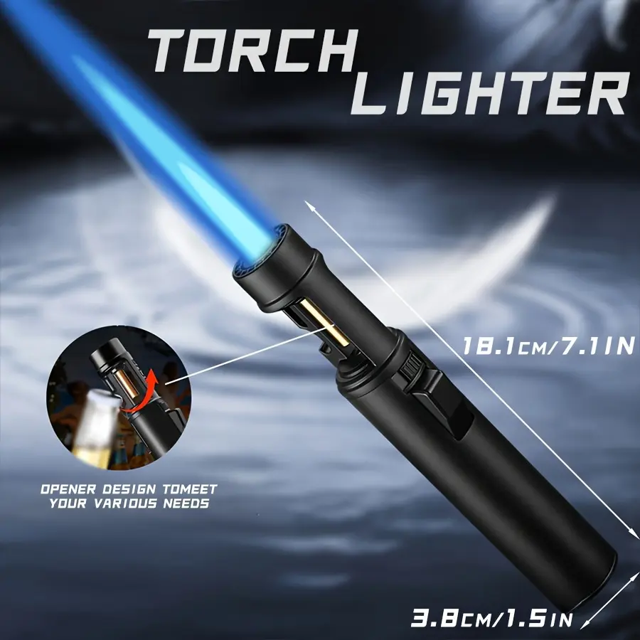 Adjustable Torch Lighter with Bottle Opener 2-in-1, Windproof Butane Lighter with Blue Flame, High Temperature 1300°C, Durable Zinc Alloy, Compact Design for Camping, Grilling, and Emergency Use, Torch Lighters Refillable