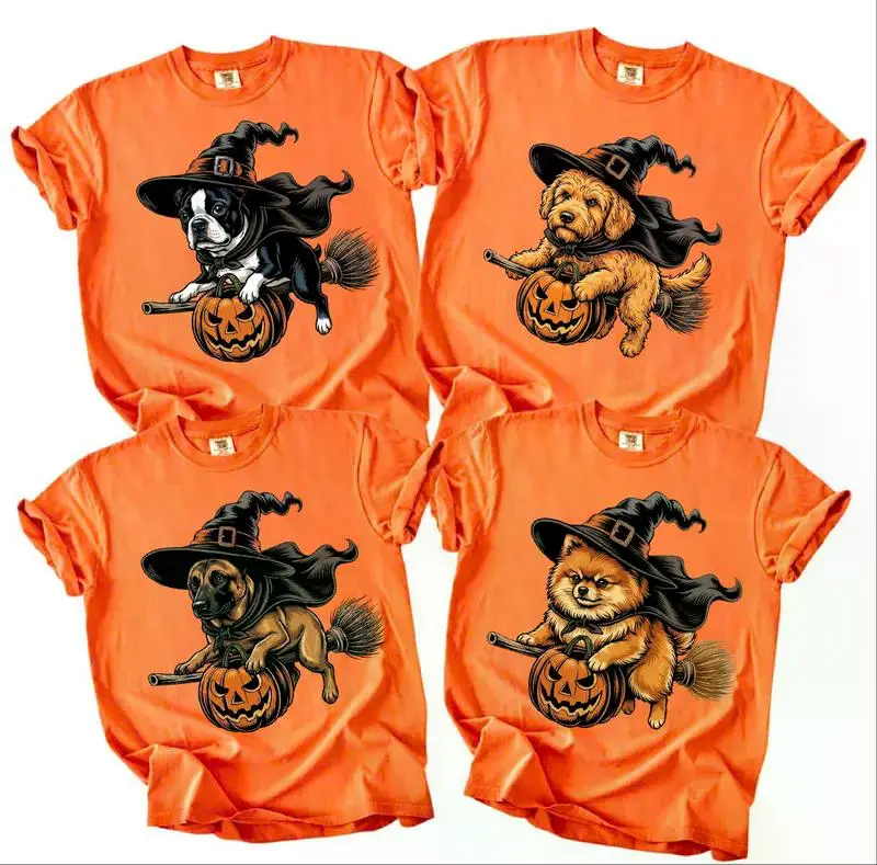 Comfort Colors Burnt Orange Custom Witch Costume Dog Halloween T-Shirt, 50+ Dog Breeds Available, Funny Spooky Pet Lover Tee