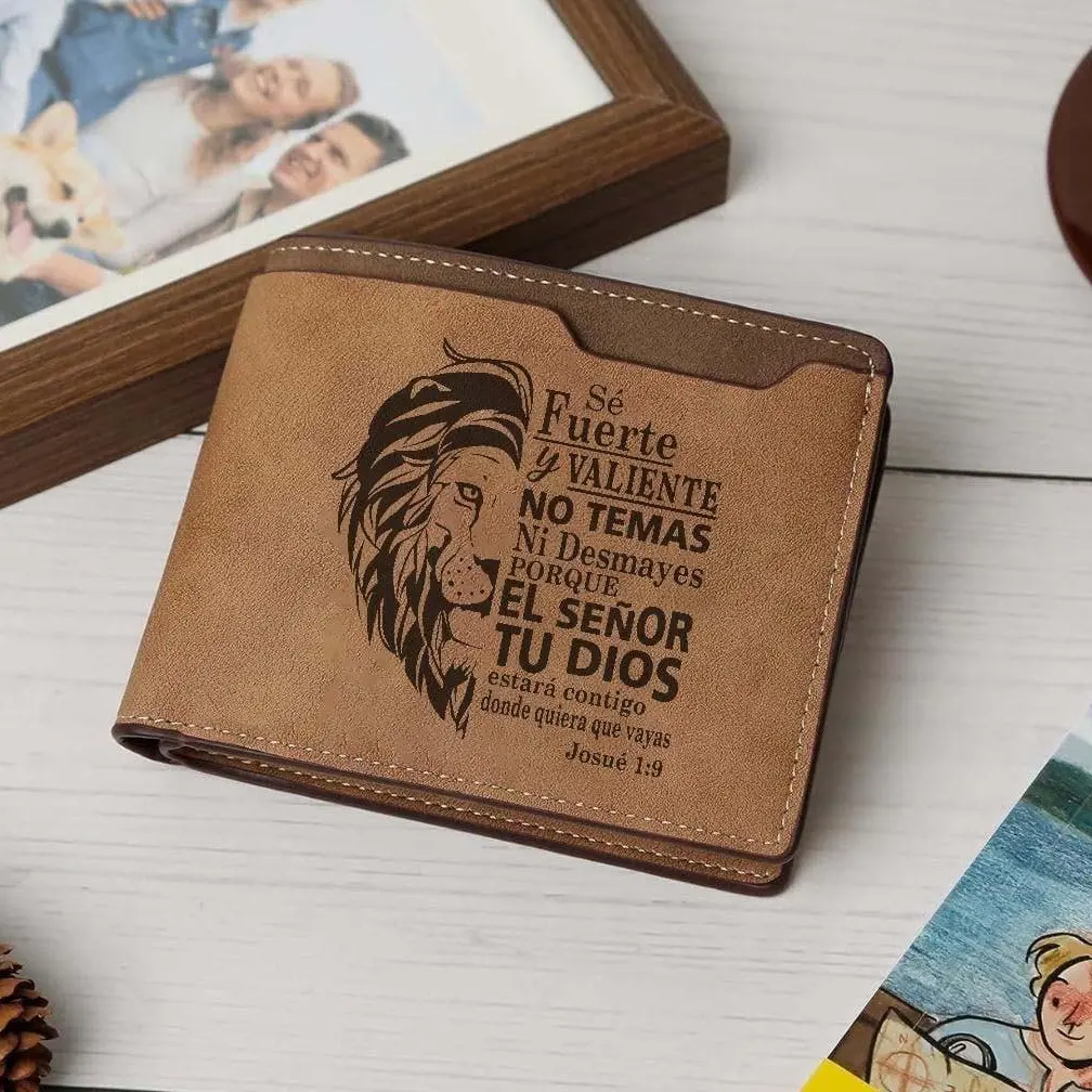 Se Fuerte Y Valiente Wallet, Mens Bifold Leather Wallet, Spanish Bible Verse, Christian Gift For Men, Lion Graphic