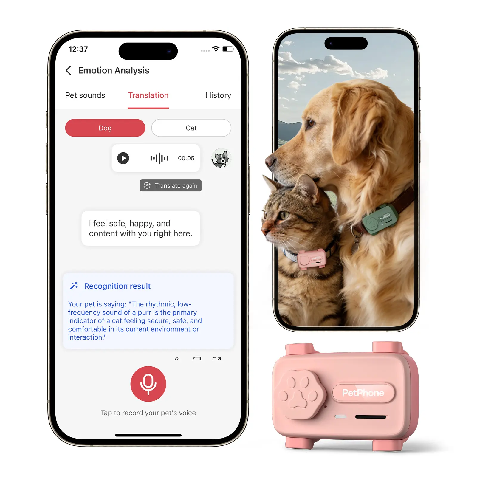 PetPhone for Dogs & Cats – 2-Way PetChat, AI Emotion Detection, Wellness Monitoring, Real-Time Tracking Device, Geofencing Alerts, 37g, IP67 Waterproof, Up to 5 Days, GPS Tracker, Gift for Pet Lovers
