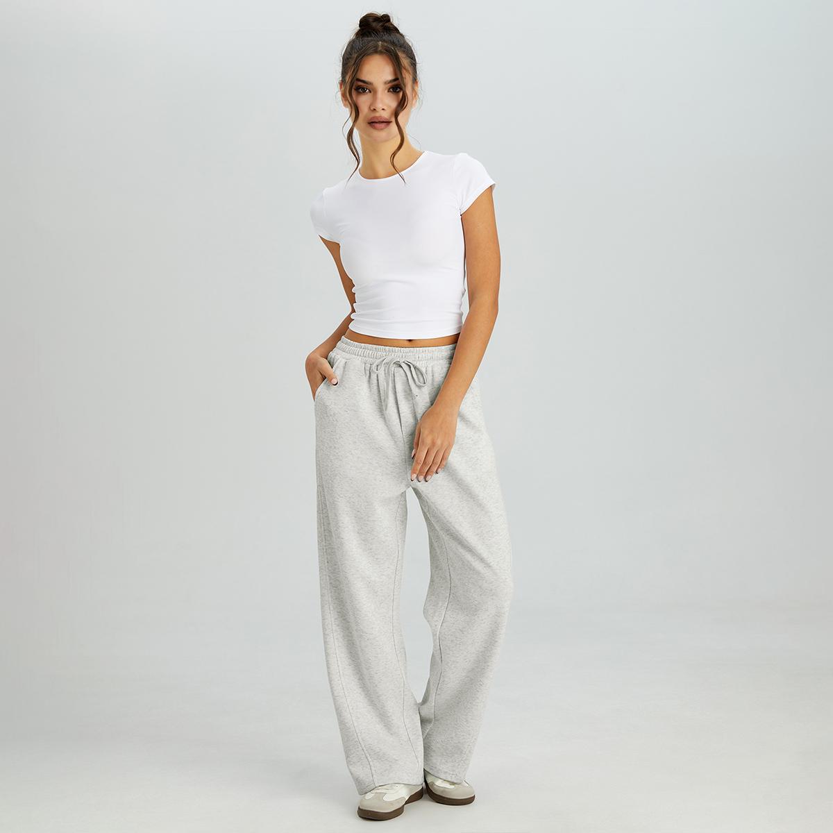 KatchMe Women's Casual Mid-Rise Textured Seam Wide Leg Sweatpants, Basic Drawstring Waist Trousers, Versatile Baggy Streetwear Outfits, Cozy Women's Bottom