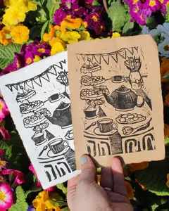 Tea Party Handmade Linocut Art Print 5x7 Inch Un-Birthday Picnic Wall Decor Handcrafted Vintage Linen Deckled Edge Paper Artwork for Birthday Kitchen Dining Room