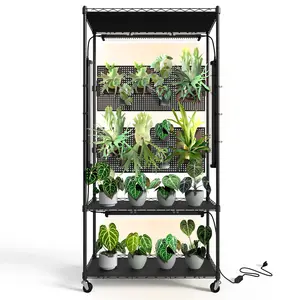 Bstrip Plant Shelf with Grow Light & Pegboard, 59" Adjustable Metal Stand with 4 LED Lights & Wheels