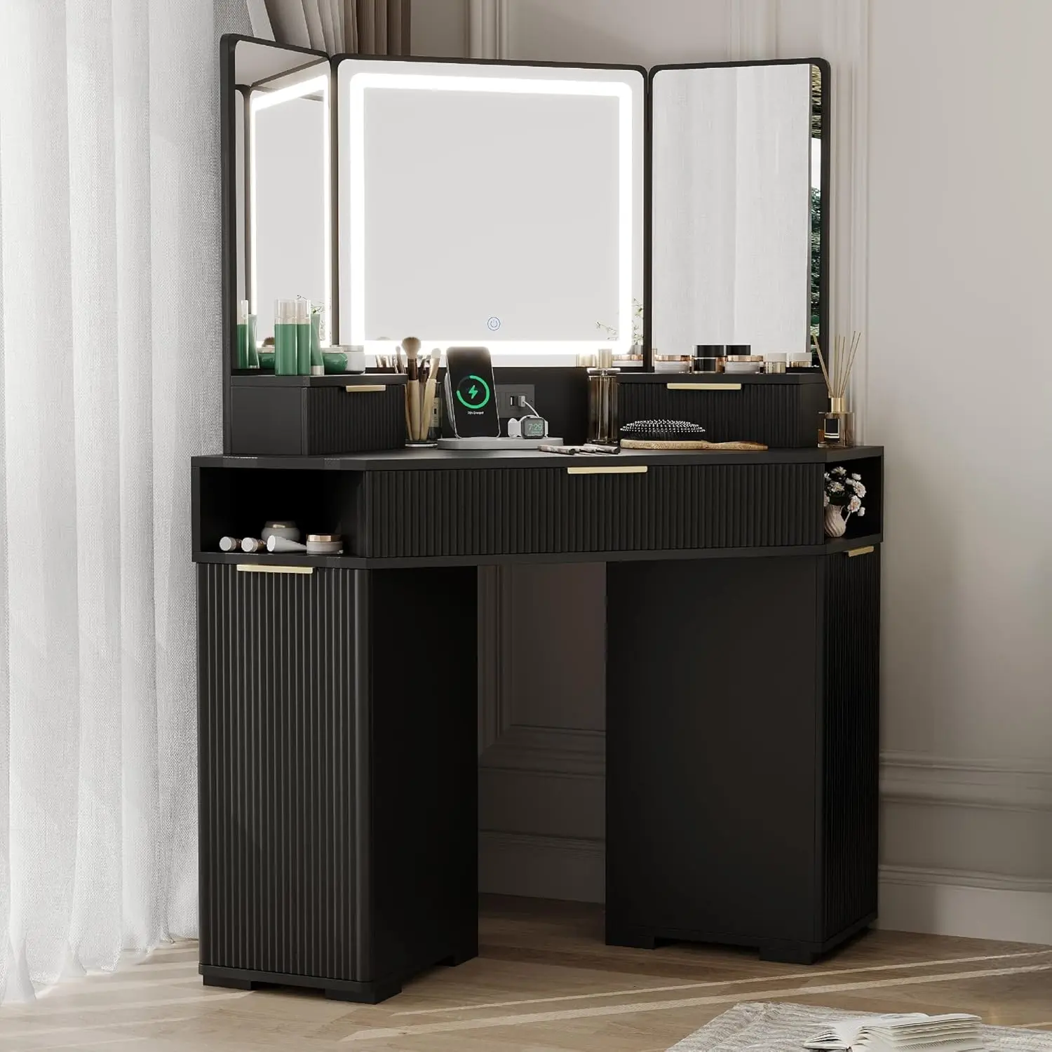 Corner Vanity Desk with Mirror and Lights, 48" Fluted Makeup Vanity with Drawers, Charging Station and Cabinets for Bedroom, Corner Dressing Table with Triple Mirrors, 3 Color Modes