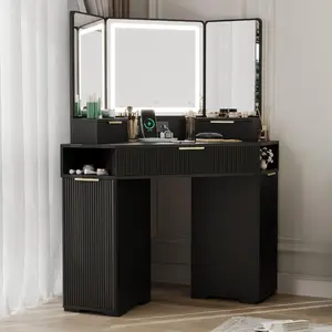 Corner Vanity Desk with Mirror and Lights, 48" Fluted Makeup Vanity with Drawers, Charging Station and Cabinets for Bedroom, Corner Dressing Table with Triple Mirrors, 3 Color Modes