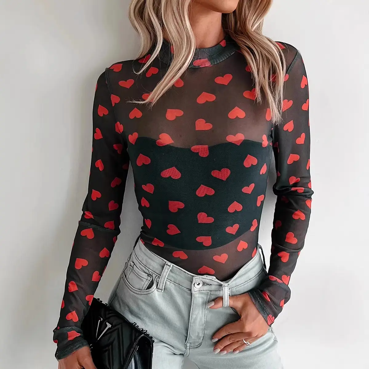Women's Sexy Slim Fit Mesh Long Sleeve Bodysuit Top - Mock Neck/Round Neck, Sheer Floral Lace Embroidery, Valentines Day Heart Print, Bodycon, Plus Size, Casual/Party Leotard, Japanese Style Knitwear