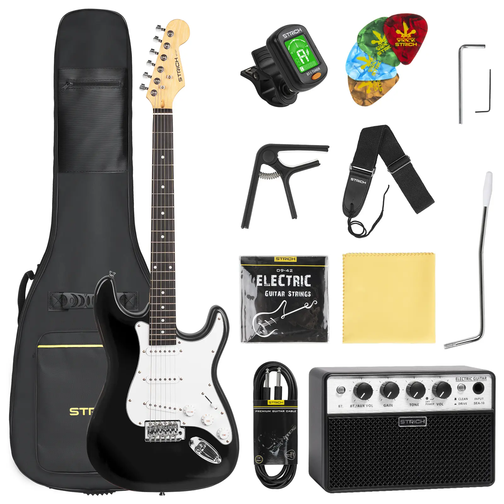 STRICH 39" SSS Solid Body Electric Guitar Beginner Kit with 10W Amplifier, Bag, Tuner, Capo, Strap, Strings, Cable, Picks - Black, Guitar Learning Tools