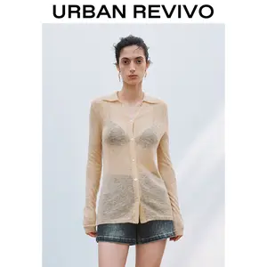 URBAN REVIVO Women's Elegant Sheer Long Sleeve Knitting Cardigan - Normal-Fit Casual Minimalist Outerwear Clothes, UWH950020 Springtok