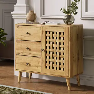 RoyalCraft L Vintage Storage Cabinet, Basket Weave Wooden Door & 3 Drawers, Kitchen Sideboard with Adjustable Shelves, Coffee Bar Cabinet for Living Room, Hallway, Entryway, Dining Room, Natural Wood