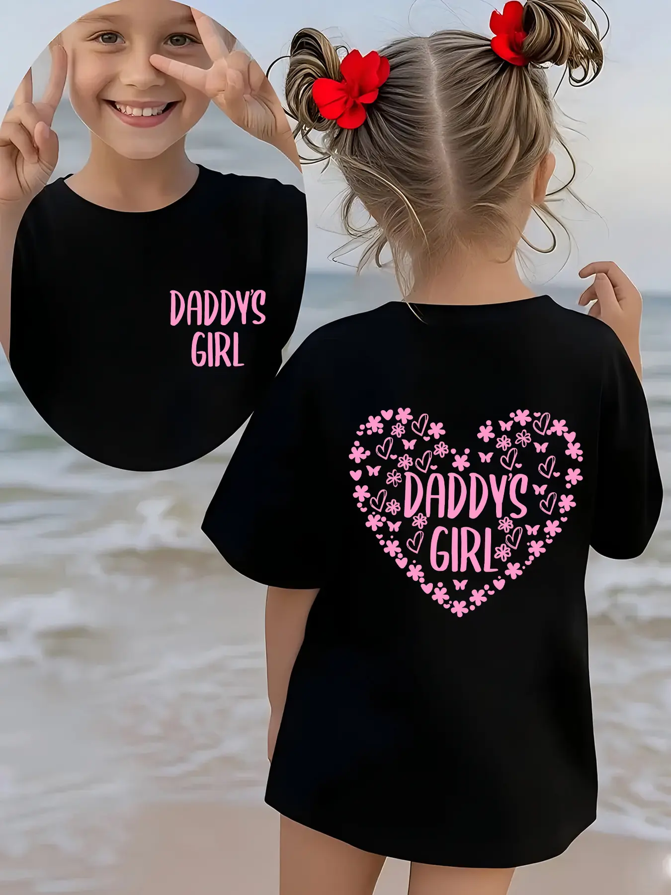 Kids' "Daddy's Girl" Floral Heart Graphic T-Shirt, Black Cotton Short Sleeve Casual Tee for Girls