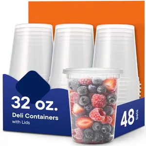 48 Sets - 32 oz. Plastic Deli Disposable Food Storage Containers with Airtight Lids
