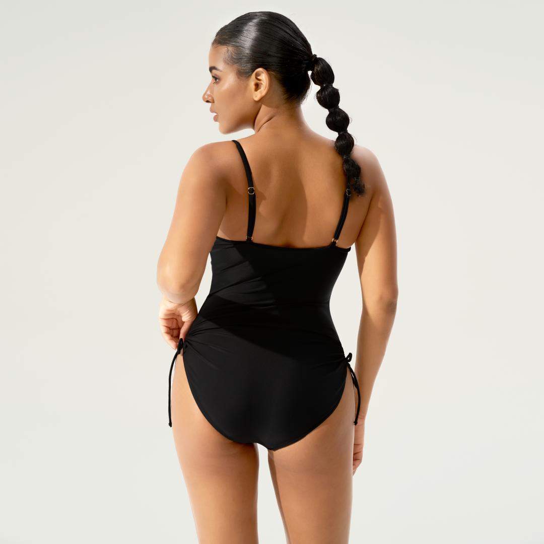 BodyTips Swimsuit With Drawstring Cool Feel Skin Friendly Pleated Waist Adjustable Shoulder Straps Flexible Fit Swimwear Clean Design Popular Beach Outfit Versatile One Piece For Pool Vacation Summer Sunbathing Water Sports Casual Swim Style All Day Wear