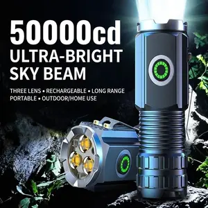 50000CD Ultra-Bright Triple Lens LED Flashlight Long Range Beam Rechargeable Mini Tactical Torch Waterproof Portable for Outdoor Home Use with 18350A Battery & Type-C Charger