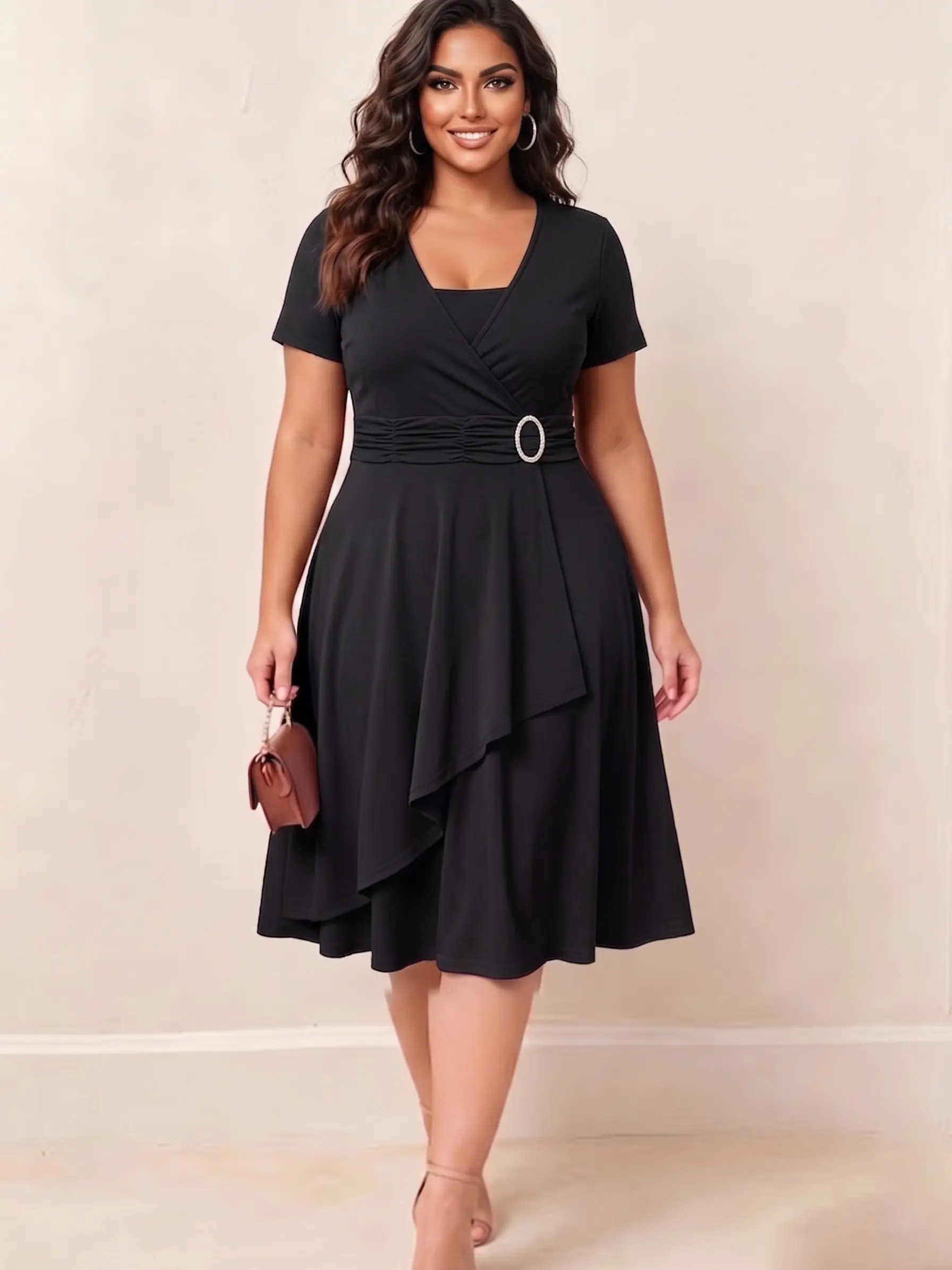 Spring Summer Elegant Mature Woman Square Neck Short Sleeve Wrap Dress with Rhinestone Buckle And Ruffled Hem A-Line Women'S Mid-Length Dress, Suitable for Valentine'S Day, Best Friend Day, Mother'S Day And Other Festivals
