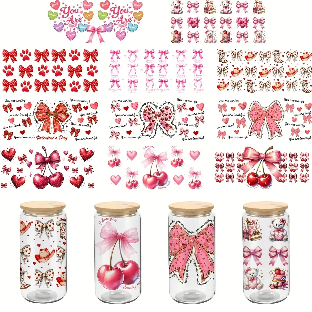 11 Pcs UV DTF Cup Wrapping Stickers, Fits 16oz, 20oz, 40oz Glass Cups, Bow Design Transfer Stickers for Coffee Mugs, Christmas, New Year, Valentine's Day, Crafts Cup Stickers, Sticker Set, Sticker Packs