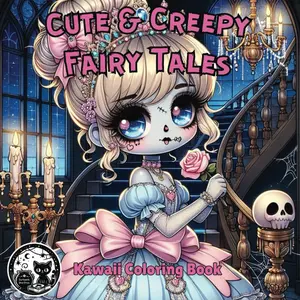 Cute & Creepy Fairy Tales Kawaii Coloring Book for Kids, Teens, and Adults: Spooky Cutie Gothic Coloring Pages with Black Background for Relaxation, Paperback
