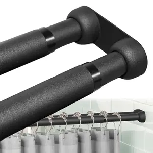 Double Shower Curtain Rod Wall Mounted Double Shower Curtain Rod Adjustable Curtain Rod for Bathroom Laundry Room Room Divider Kitchen, Black