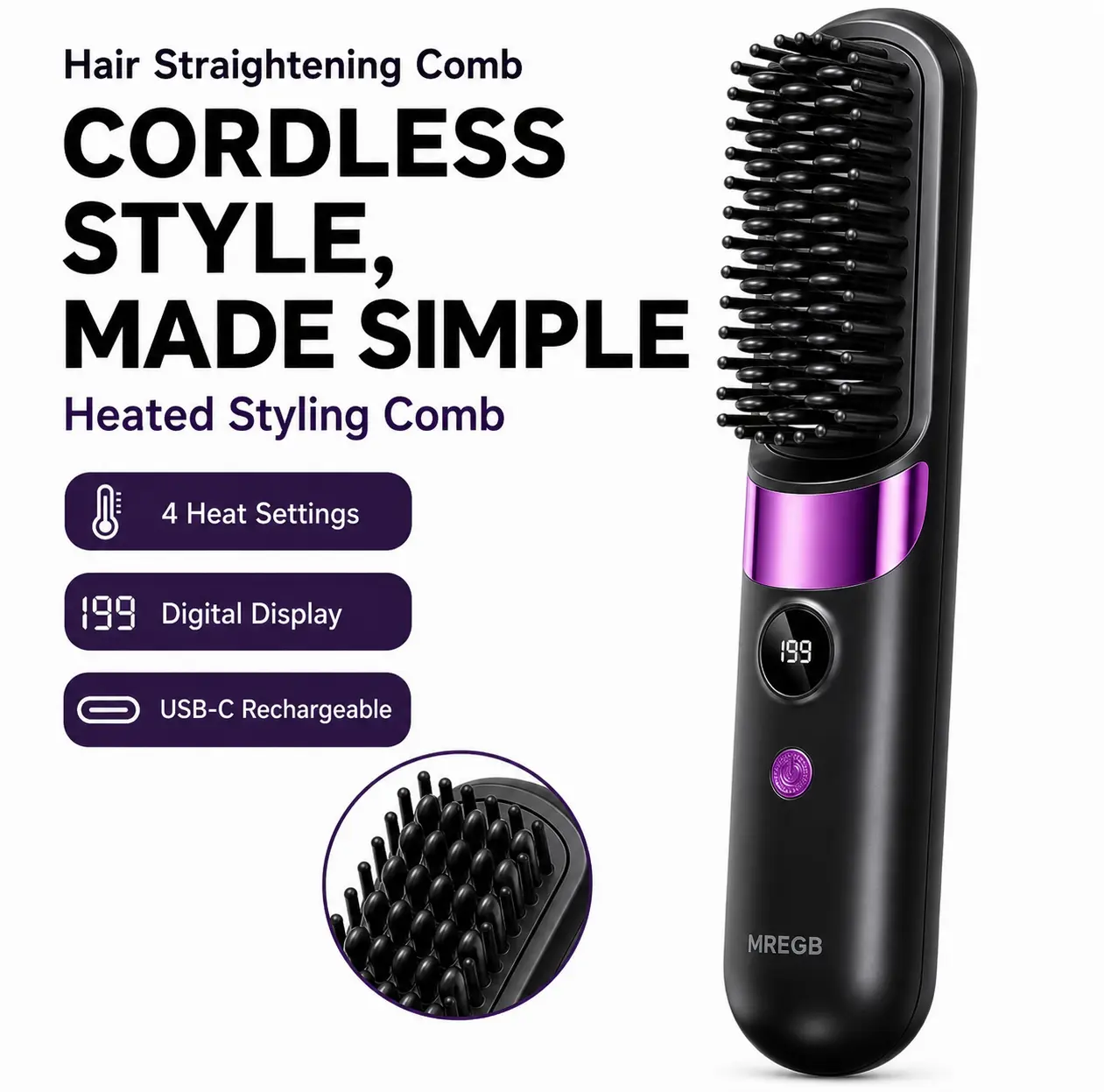 MREGB Cordless Hair Straightening Brush - 2-in-1 Ionic Straightener & Curling Iron, Adjustable Temp, USB Rechargeable, Anti-Scald, Lightweight Compact, Silky Straight Results, Travel Use Tool for All Hair Types, Ideal Gift