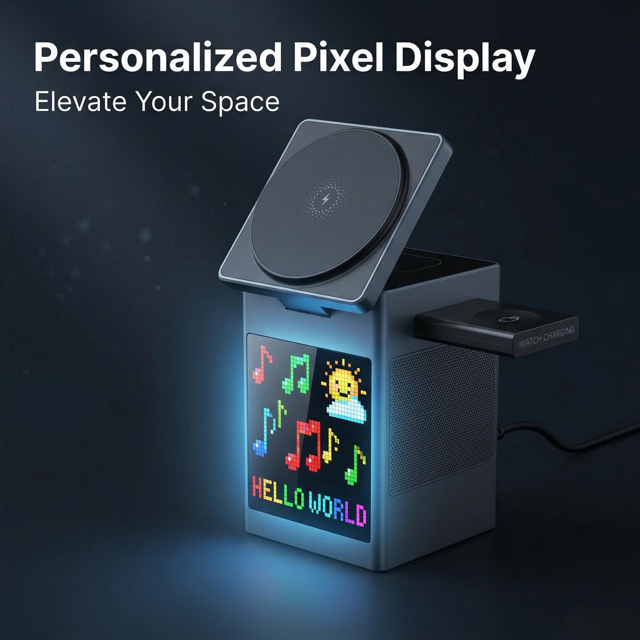 6-in-1 MagSafe-Compatible Magnetic Charger | with Clock & Pixel Display | Multi-Device Desktop Charging Station | Smart Travel Companion for March Madness, Spring Break, World Cup & Easter