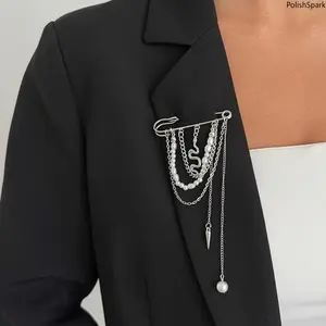 Snake Accent Multi-Layer Chain Tassel Brooch, Silver Punk Safety Pin, Pearl Spike Lapel Pin, Stylish Suit Jacket Statement Accessory summervibes