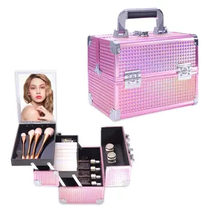 Makeup Train Case Lightweight Cosmetic Box Portable Lockable Makeup Case Organizer 2 Trays Makeup Storage with Mirror Locking for Traveling Makeup Storage Box