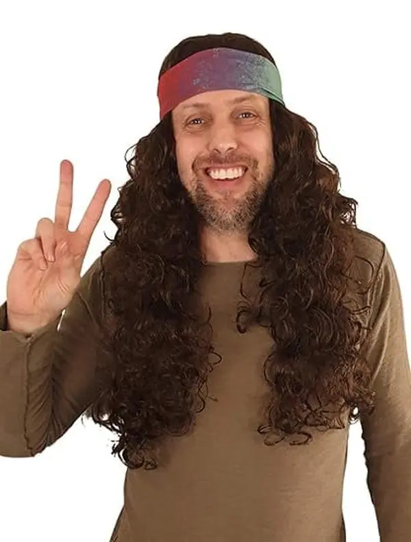 HandinHandCreations Curly Long Past Shoulders Synthetic Hair Hippie Costume Wig with Tie-Dye Flex Headband, 60S 70S Woodstock Festival Gear, Brown Cosplay Synthetic Costume Wigs, Curly Hair, Unisex, Free Stretchy Flex Band