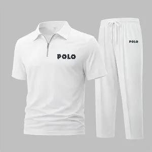 Men's Denim-Style Letter Print Waffle-Knit Polo Shirt Set, Short-Sleeve Zip-Up Collar Top with Matching Athletic Trousers, Casual Sportswear Outfit