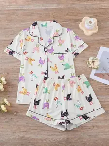 Chicken Print Women’s Pajama Set Short Sleeve Button Down Top & Shorts Sleepwear, Short Sleeve Satin Pajamas, Summer Sleepwear Set, Pajama Sets Women, Comfortable Sleeping Clothes, funny food print loungewear, elastic waist comfy pajamas