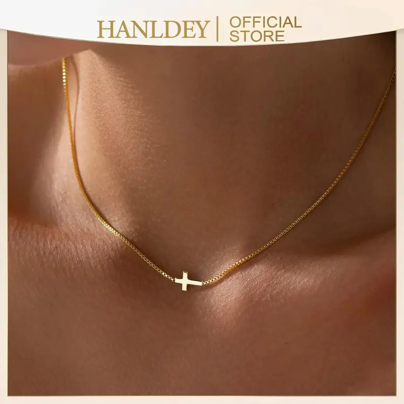 Women's 14K Gold Plated Classic Cross Pendant Necklace - Dainty Charm Box Chain Choker, Exquisite Trendy Christian Religious Jewelry, Non Tarnish Tarnish Proof Nickel-Lead-Free Daily Wear Accessory