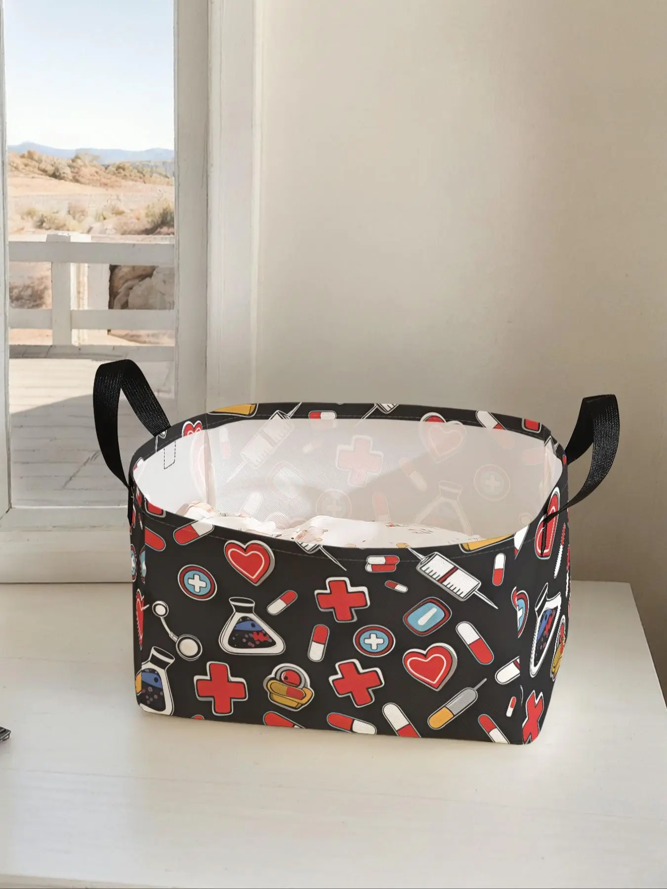 Cartoon Medical Pattern Printed Open Storage Box, Multi-functional Storage Basket with Handle, Foldable Clothes Storage Basket for Home